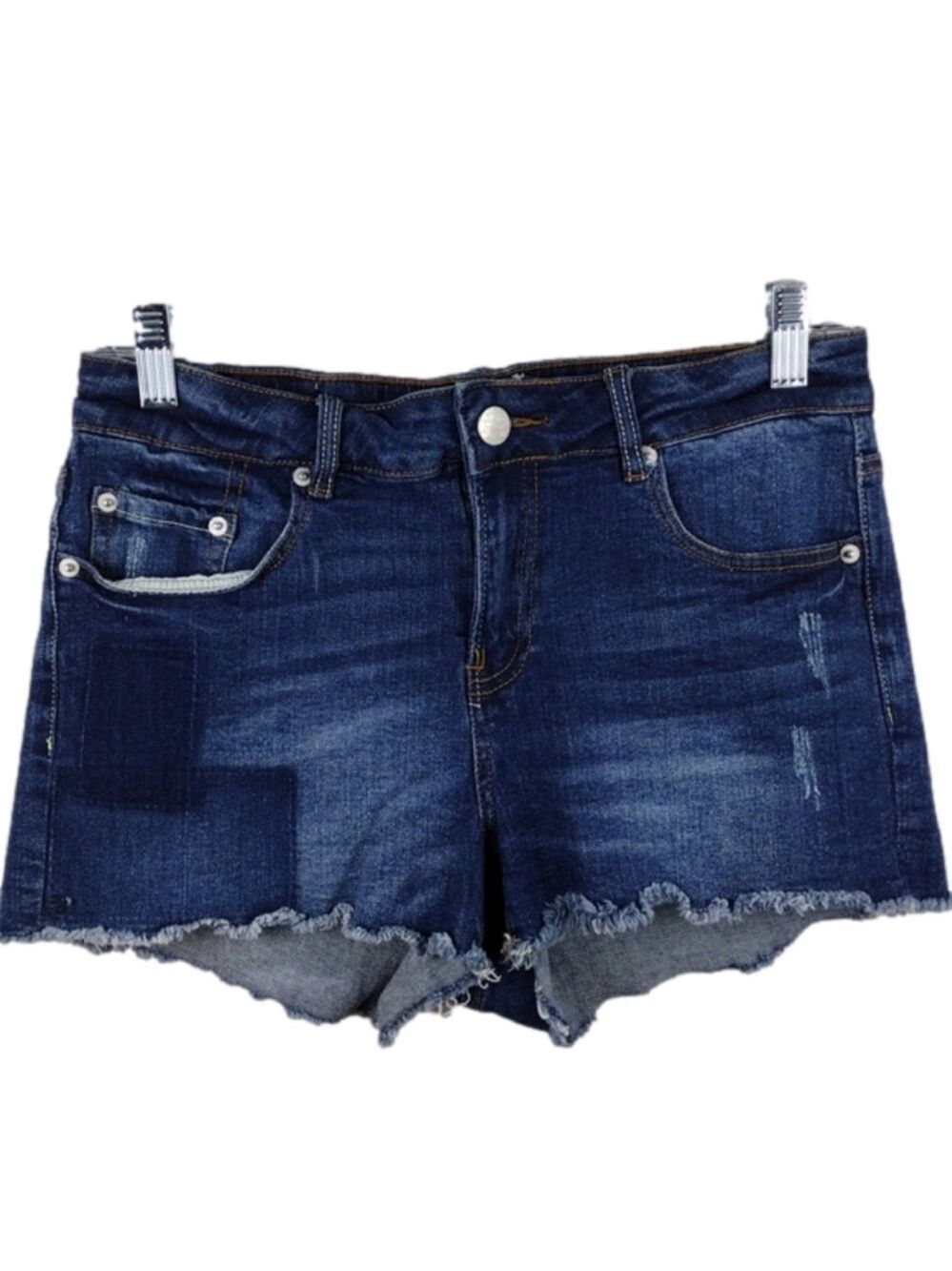 R1893 Blue Dark Wash Five Pocket Mid Rise Raw Hem Jean Shorts